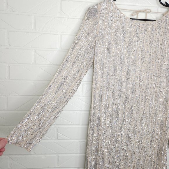 MLV Tyler Ivory Sequined Mini Dress Long Sleeve Backless Fully Beaded Lined S - Picture 2 of 7